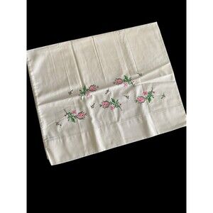 Vintage Pillowcase Embroidered Flowers Pink Cottage Chic Lady Pepperell Muslin